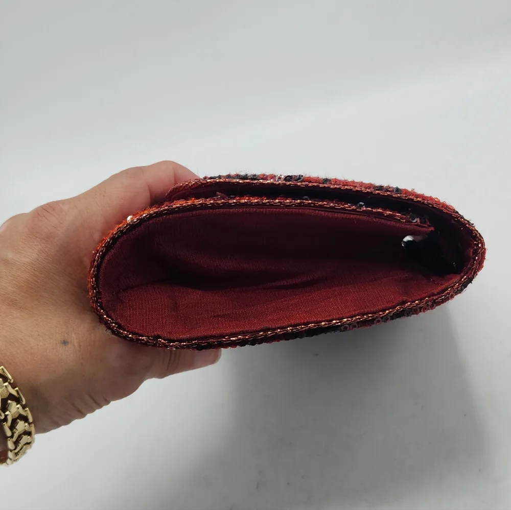 Vintage Red & Black Sequin Clutch In Abstract Pattern Convertible Chain Strap
